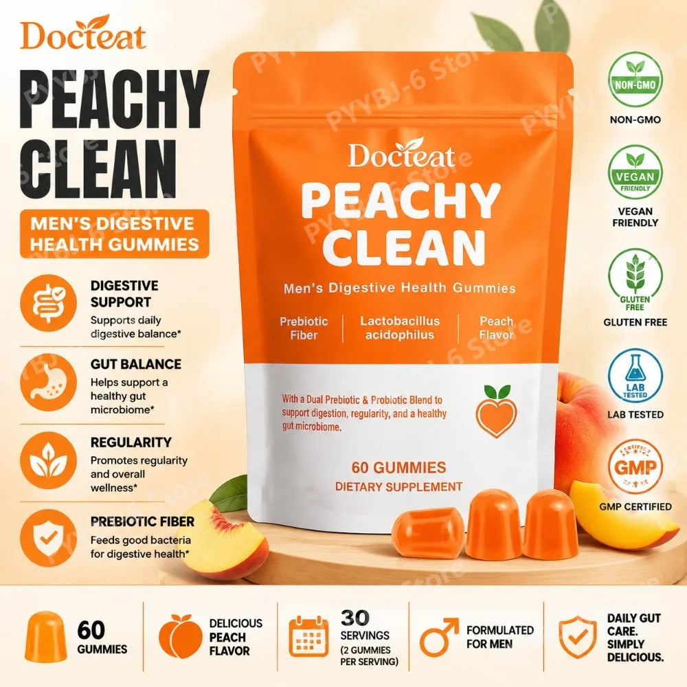 Docteat Peachy Clean Men's Digestive Health Gummies Prebiotic & Probiotic Blend Peach Flavor 60 Gummies Dietary Supplement Healthy supplements