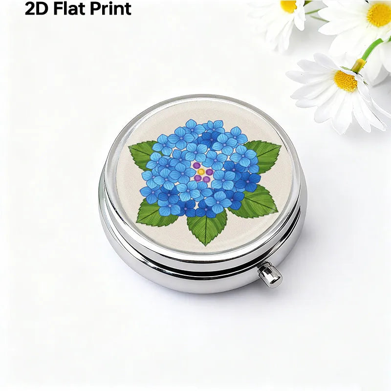 Portable Mini Metal Pill Box Blue Hydrangea Floral 3 Compartment Medicine Case Travel Pill Organizer Small Pocket Vitamin Storage Holder for Purse Floral Pattern Medicine Dispensing Container Compact Durable Health Care Gift for Women Mom Healthy supplements