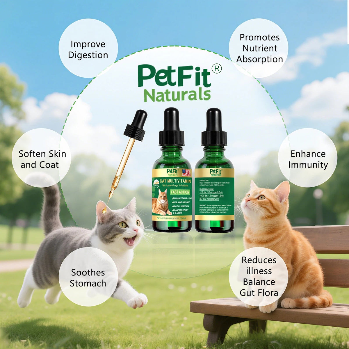 PetFit Naturals 2oz Liquid Cat Vitamins Lysine Probiotics Omega3 Supplement for Feline Kidney Immunity Skin Digestive Health Healthy supplements