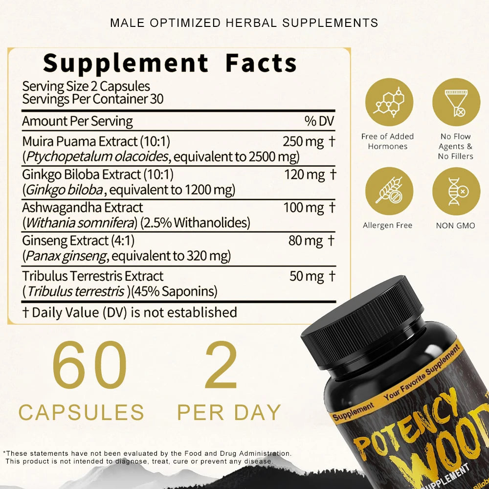 Ginseng Ashwagandha Gingko Tribulus, Herbal Supplements 60 Capsules, Adaptogen Energy Stamina lmmune Antioxidants Gut Health Healthy supplements