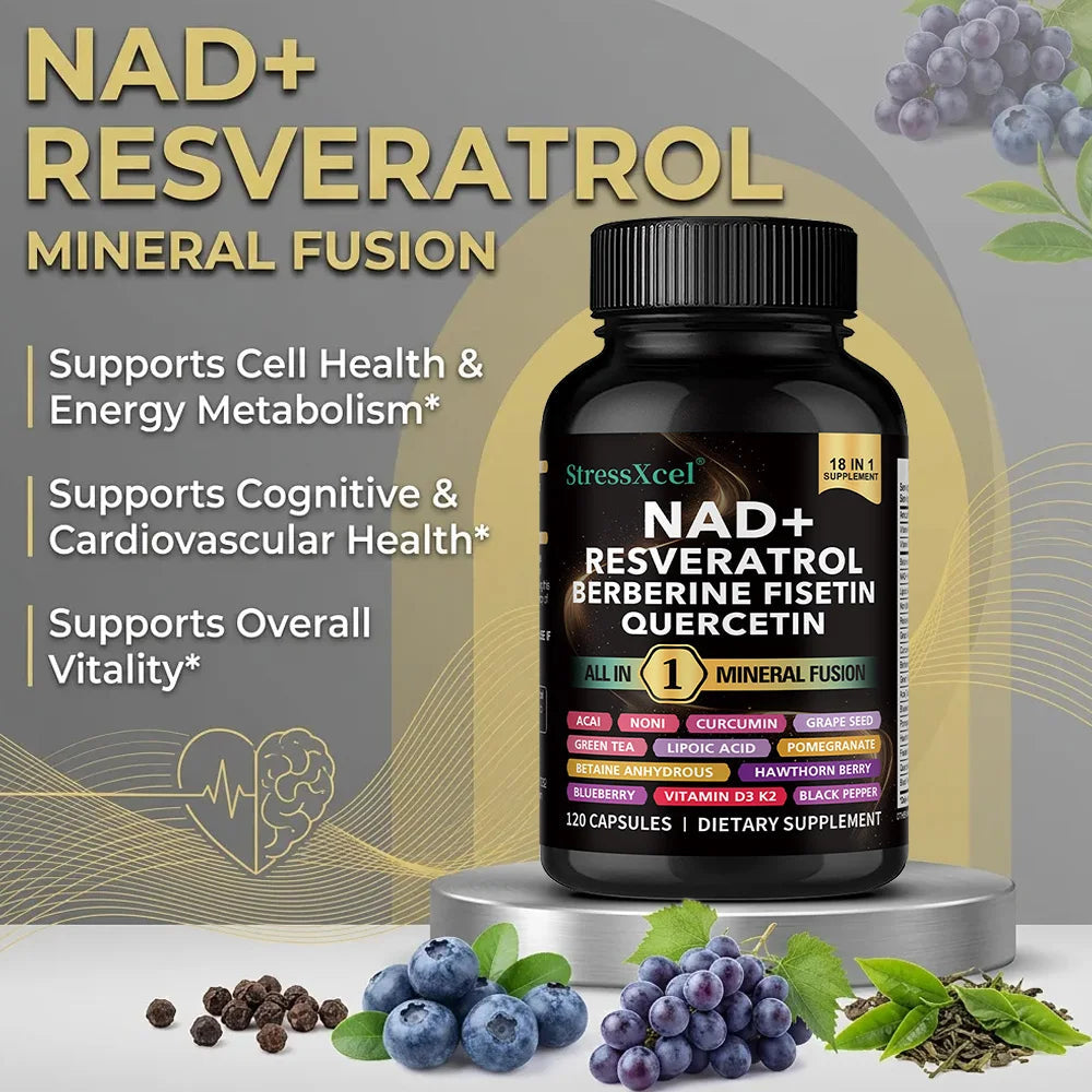 NAD+ Supplement with Resveratrol Quercetin Berberine, Boost NAD Levels, Anti-Aging, Cellular Energy & Heart Health, Antioxidant Healthy supplements