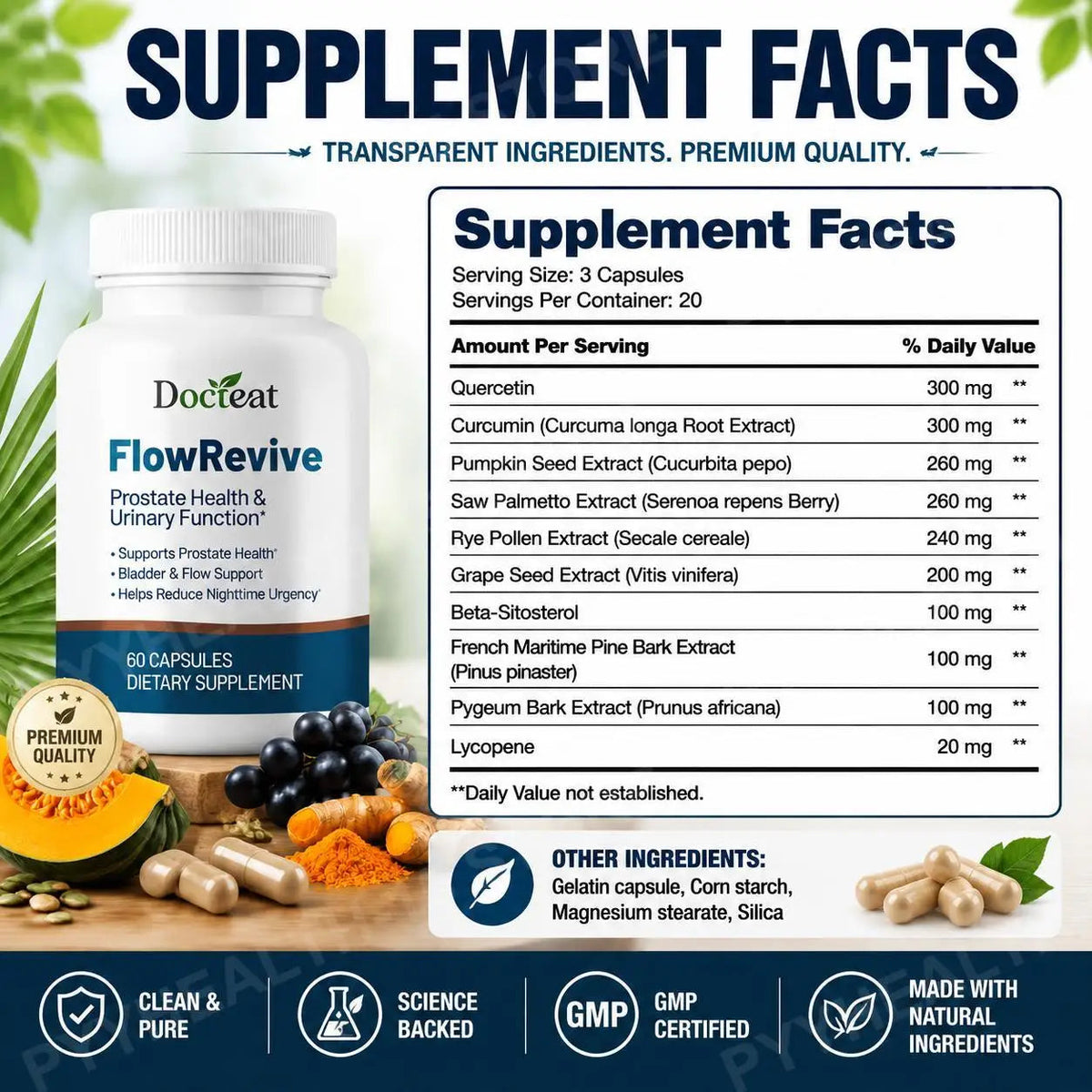 Docteat FlowRevive Men’s Saw Palmetto Prostate Health Supplement with Beta Sitosterol Pygeum Quercetin Curcumin 60 Capsules Healthy supplements