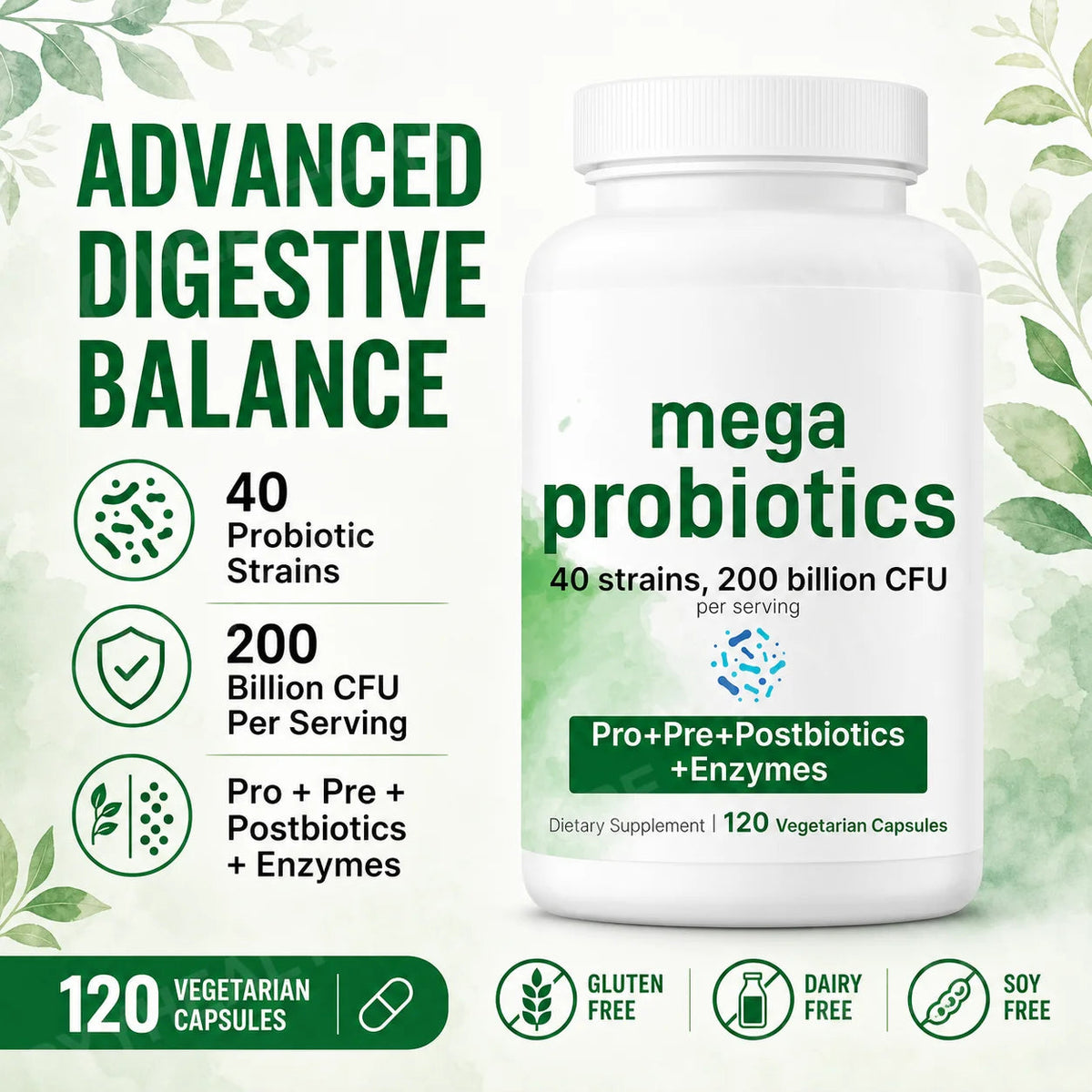 Probiotics Capsules 200 Billion CFU 40 Strains Prebiotics Digestive Enzymes Gut Health Supplement 120 Veg Capsules Men Women Healthy supplements