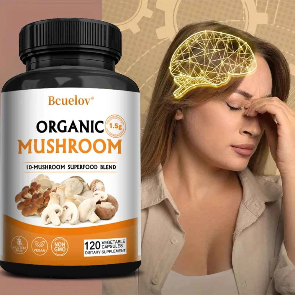 Mushroom Complex Capsules Supplement Support Immunity and Focus Health Boost Memory Protect Brain Nerves for Men Women