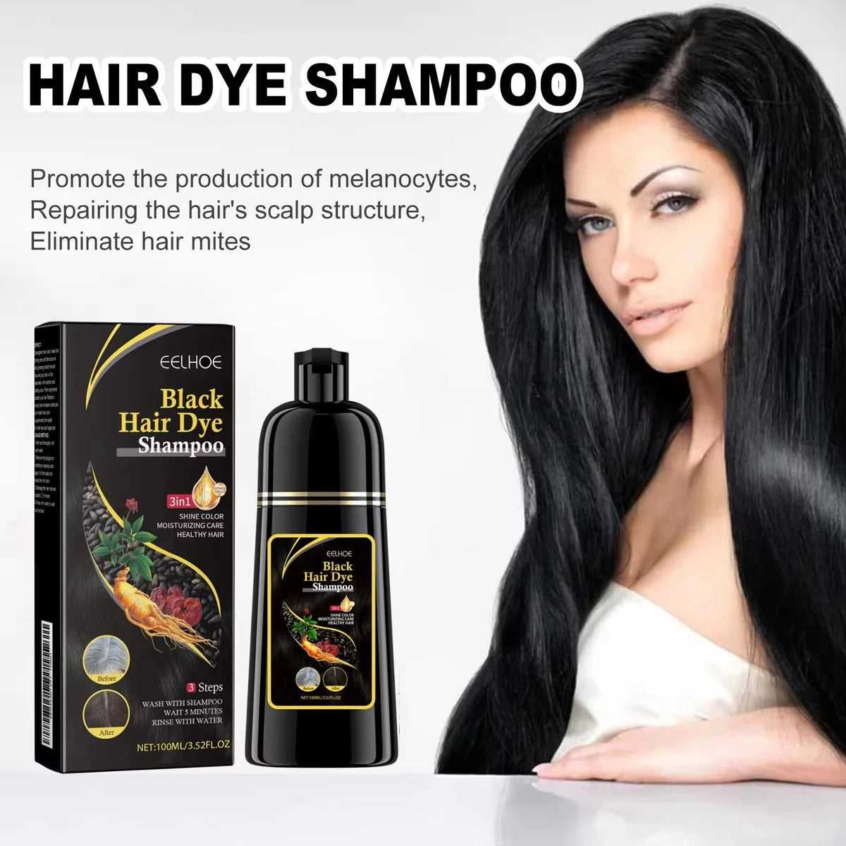 Black Hair Colouring Shampoo 3 in 1 Natural Herbal Essence Instant Colouring Shiny Hair Dye Shampoo Cleaning Nourishing Hair for Covering White Healthy supplements