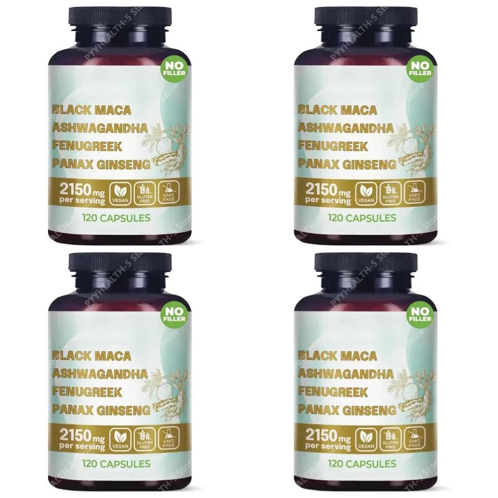 4-in-1 Organic Black Maca Root Ashwagandha Fenugreek Panax Ginseng Capsules 120 Count Male & Female Energy Support Supplement