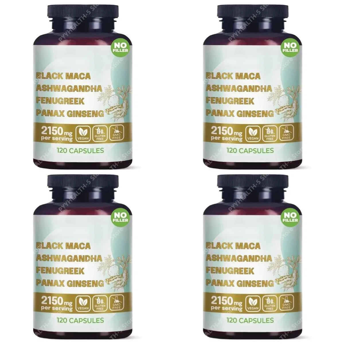 4-in-1 Organic Black Maca Root Ashwagandha Fenugreek Panax Ginseng Capsules 120 Count Male & Female Energy Support Supplement