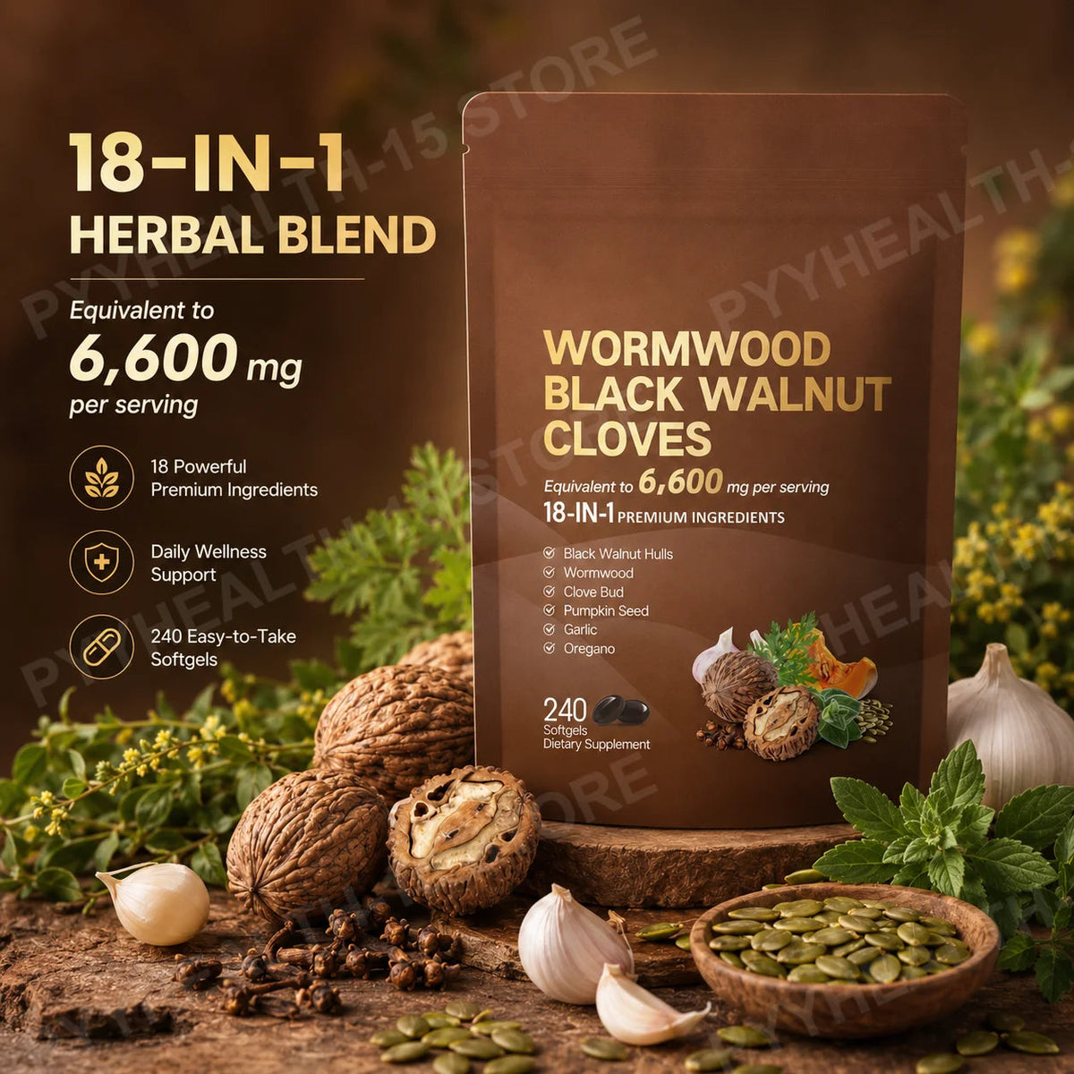 18-in-1 Wormwood Black Walnut Clove Softgels 6600mg Herbal Blend with Garlic Pumpkin Seed Oregano Daily Wellness 240 Softgels Healthy supplements