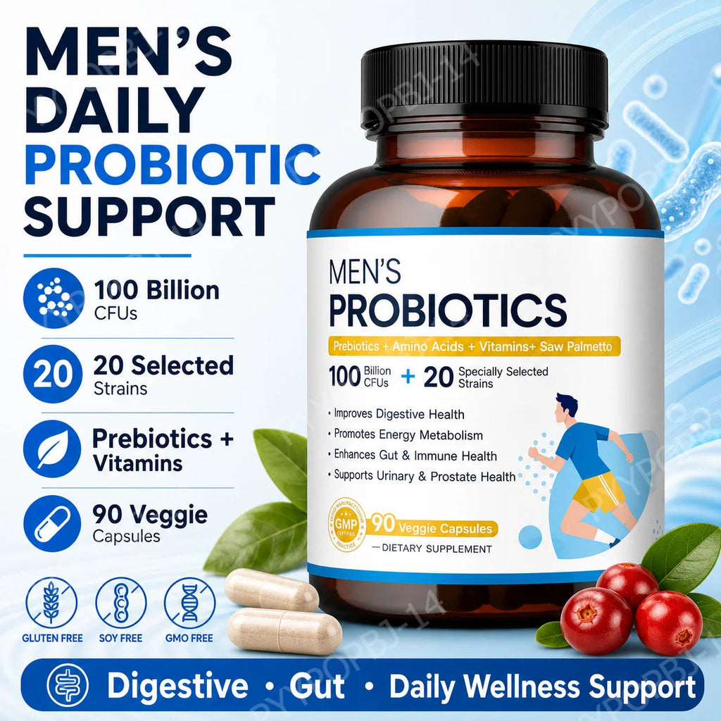 Men’s Probiotic Supplement 100 Billion CFU 20 Strains Prebiotics Digestive Enzymes Vitamins Gut Health Daily Wellness 90 Count Healthy supplements