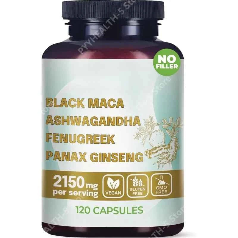 4-in-1 Organic Black Maca Root Ashwagandha Fenugreek Panax Ginseng Capsules 120 Count Male & Female Energy Support Supplement