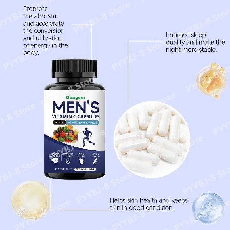Men's VitaminC Capsule 120Count Dietary Supplement with Sodium Support Skin Hair Health Enhanced Immunity & Nutrient Absorption Healthy supplements