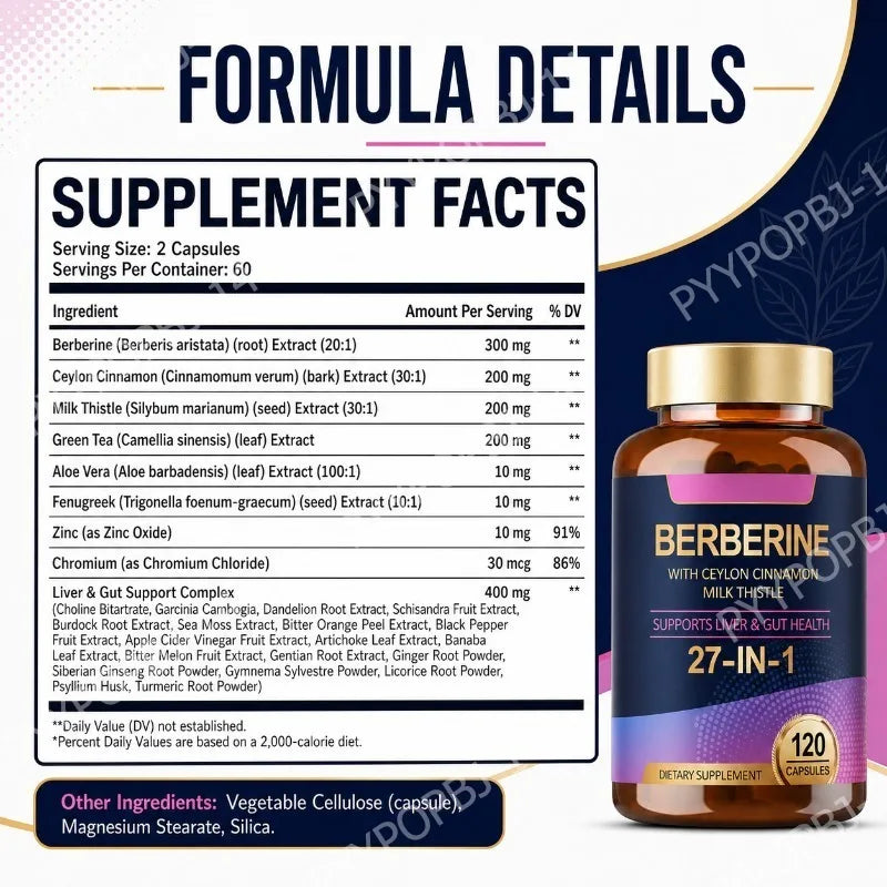 27 in 1 Berberine Supplement with Ceylon Cinnamon, Milk Thistle for Liver Gut Health Immunity Men & Women 120 Vegan Capsules Healthy supplements