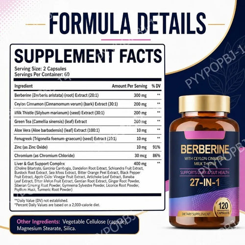 27 in 1 Berberine Supplement with Ceylon Cinnamon, Milk Thistle for Liver Gut Health Immunity Men & Women 120 Vegan Capsules Healthy supplements