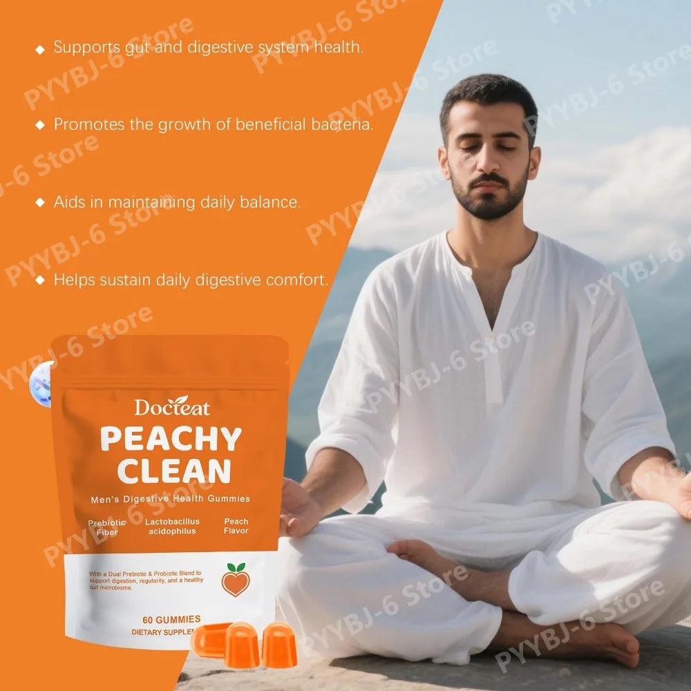 Docteat Peachy Clean Men's Digestive Health Gummies Prebiotic & Probiotic Blend Peach Flavor 60 Gummies Dietary Supplement Healthy supplements