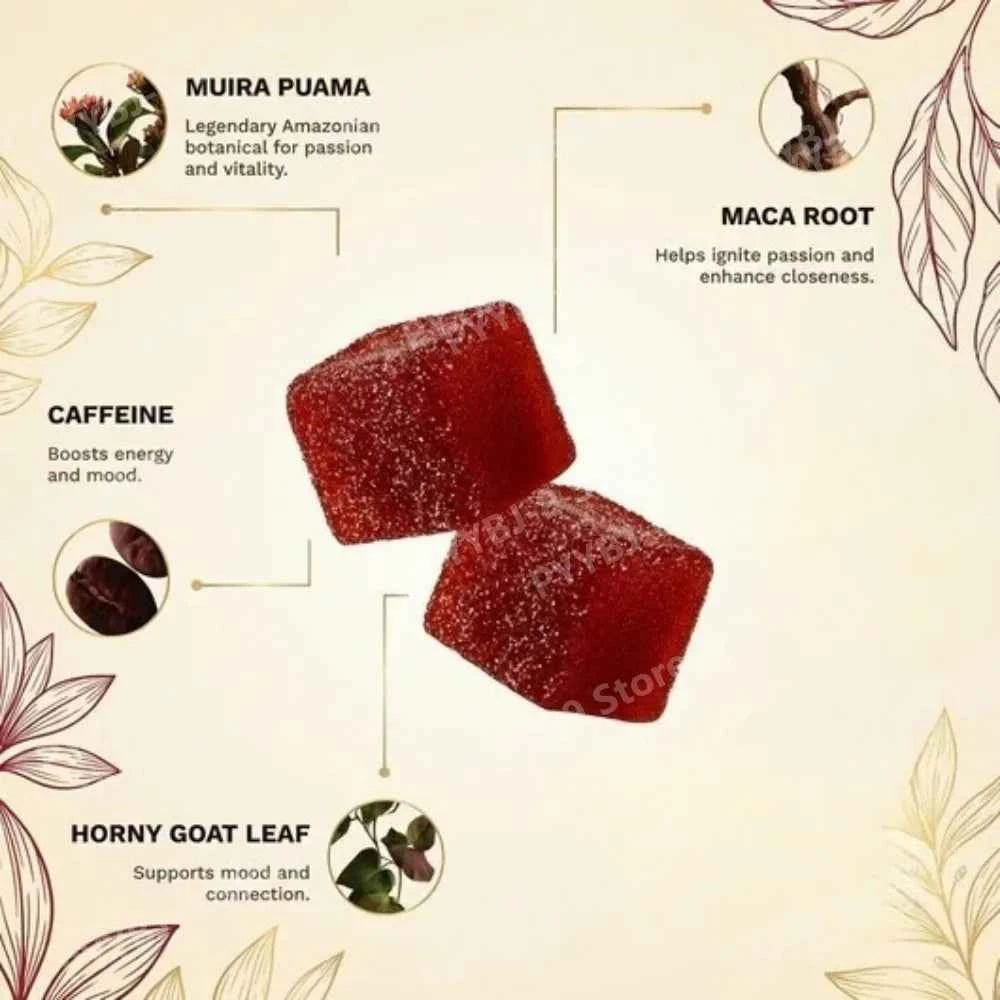 Muira Puama Horny Goat Weed Maca Root Gummy Cubes for Energy & Vitality with Ginger, 60 Count, 2 Gummies Daily, Non-GMO, Vegan