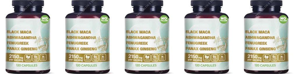 4-in-1 Organic Black Maca Root Ashwagandha Fenugreek Panax Ginseng Capsules 120 Count Male & Female Energy Support Supplement