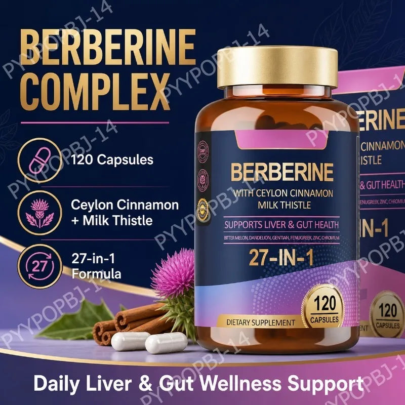 27 in 1 Berberine Supplement with Ceylon Cinnamon, Milk Thistle for Liver Gut Health Immunity Men & Women 120 Vegan Capsules Healthy supplements