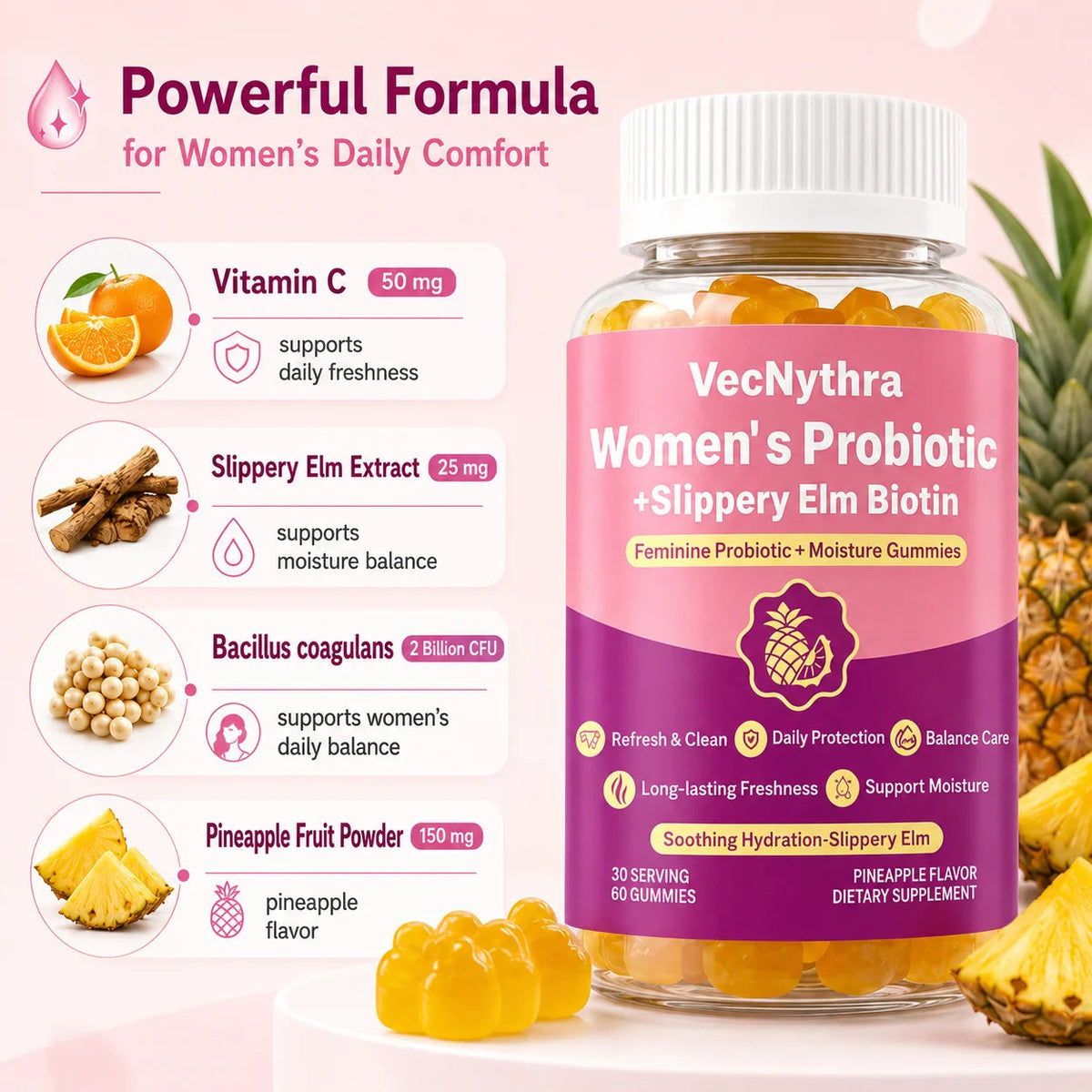 VecNythra Women's Daily Balance Probiotic Gummies with Vitamin C Slippery Elm Biotin 2 Billion CFU 60 Gummies Healthy supplements