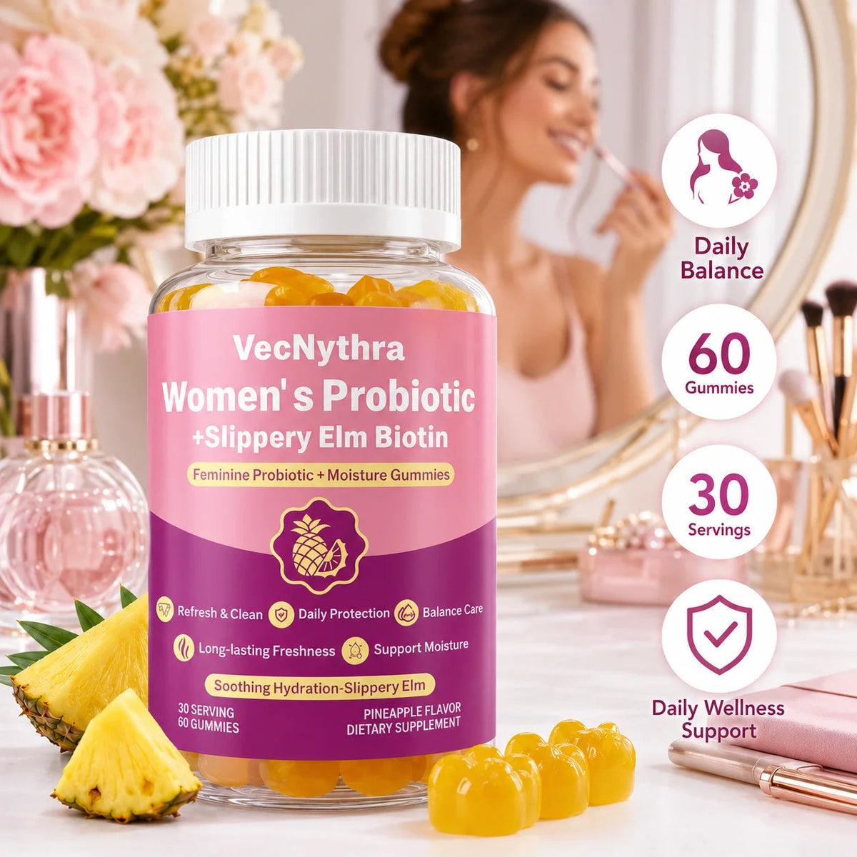 VecNythra Women's Daily Balance Probiotic Gummies with Vitamin C Slippery Elm Biotin 2 Billion CFU 60 Gummies Healthy supplements