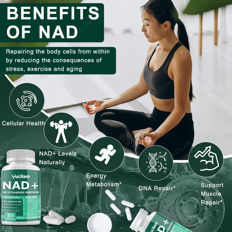 NAD+ Resveratrol Supplement - Anti-Aging, Energy Boost, Cell Repair, Skin Health, Brain Cognition - Provides Sustained Vitality Healthy supplements