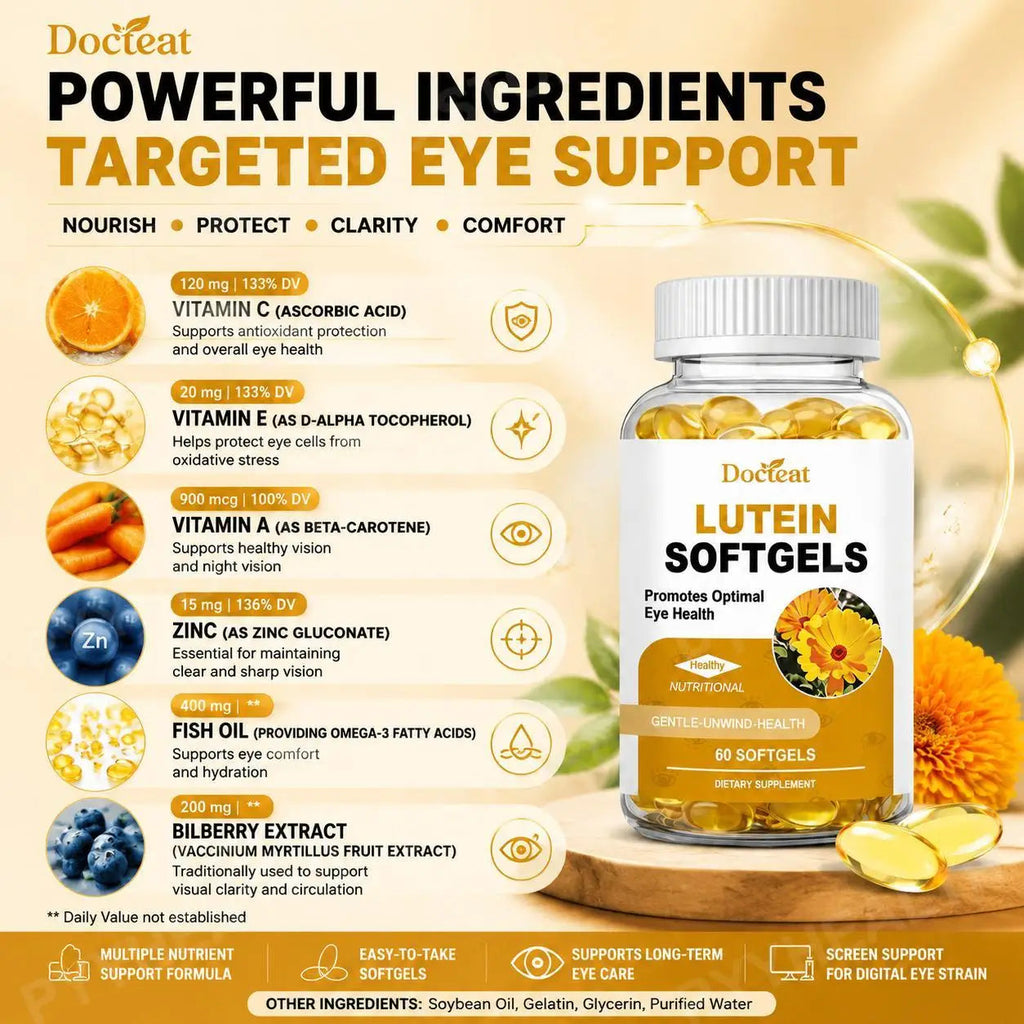 Docteat Lutein Zeaxanthin Softgels with Bilberry Fish Oil Astaxanthin,Eye Health Daily Wellness Supplement for Adults60 Softgels Healthy supplements
