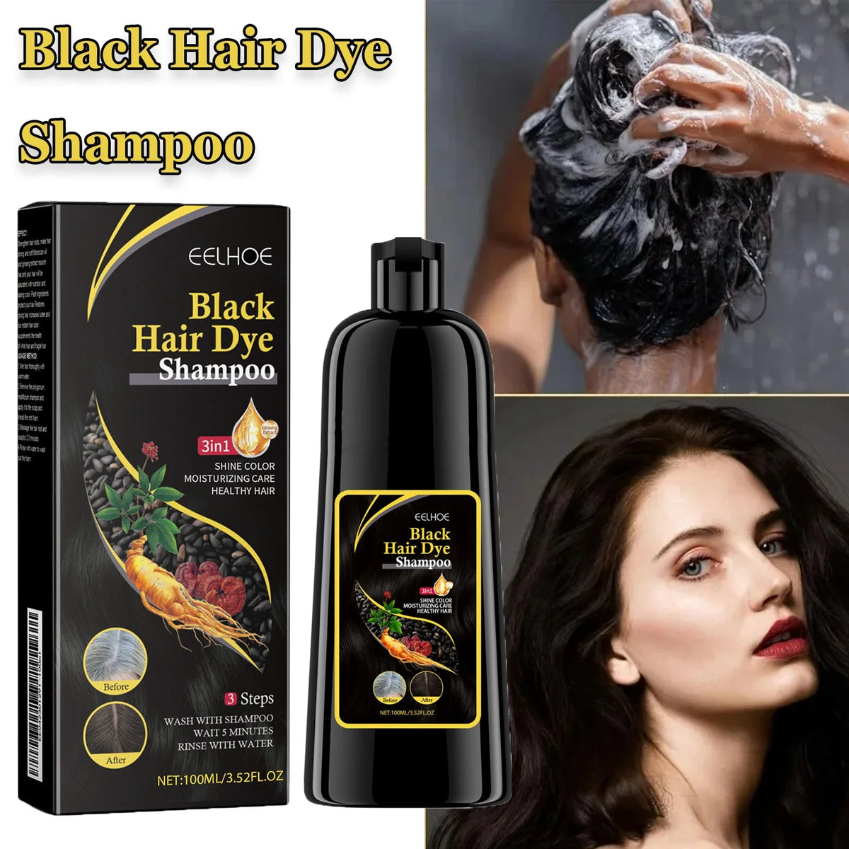 Black Hair Colouring Shampoo 3 in 1 Natural Herbal Essence Instant Colouring Shiny Hair Dye Shampoo Cleaning Nourishing Hair for Covering White Healthy supplements