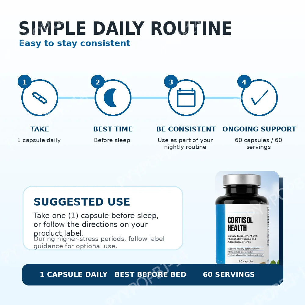 60 Capsules Cortisol Health Supplement with Phosphatidylserine & Magnesium Non-GMO Daily Adult Men Women Calm Sleep Support Healthy supplements