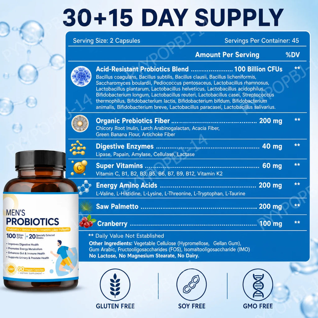 Men’s Probiotic Supplement 100 Billion CFU 20 Strains Prebiotics Digestive Enzymes Vitamins Gut Health Daily Wellness 90 Count Healthy supplements