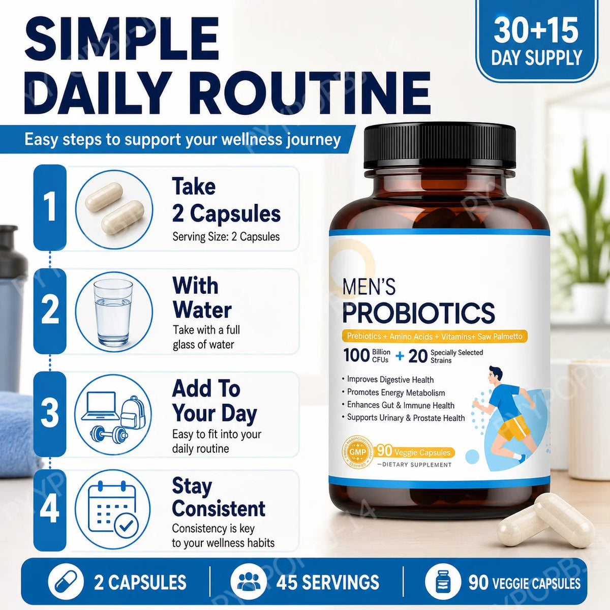 Men’s Probiotic Supplement 100 Billion CFU 20 Strains Prebiotics Digestive Enzymes Vitamins Gut Health Daily Wellness 90 Count Healthy supplements