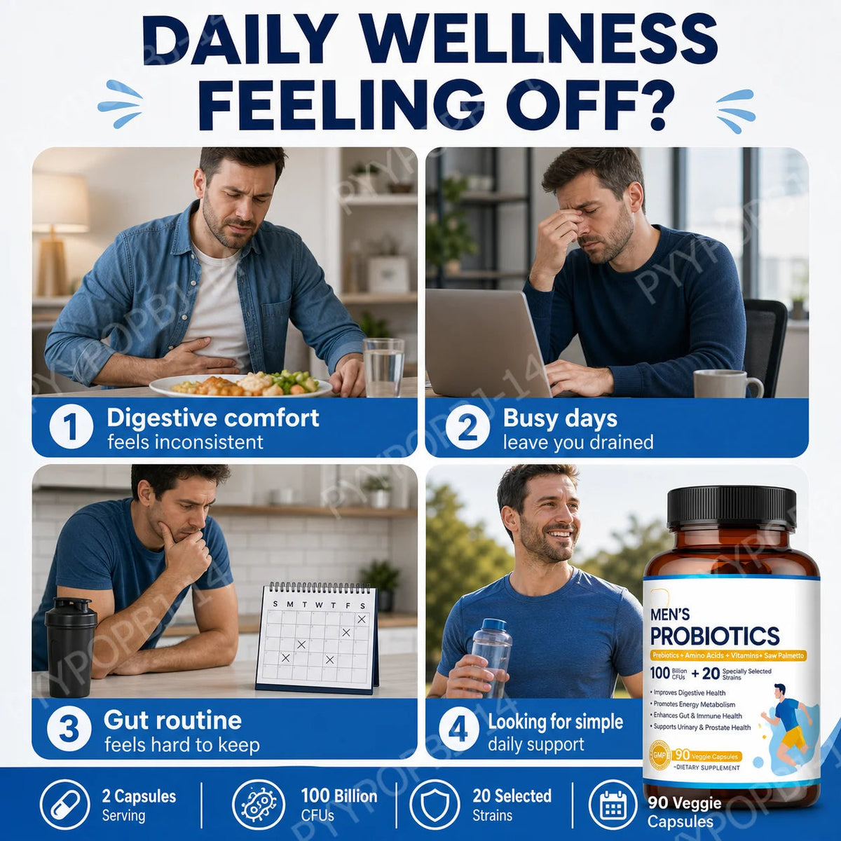 Men’s Probiotic Supplement 100 Billion CFU 20 Strains Prebiotics Digestive Enzymes Vitamins Gut Health Daily Wellness 90 Count Healthy supplements