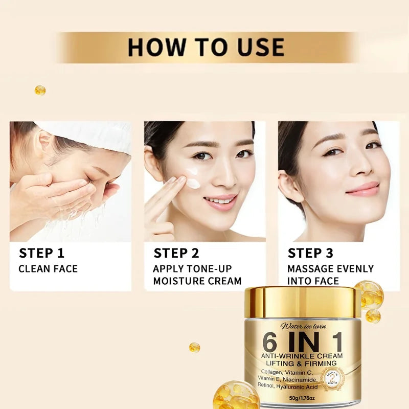 6-In-1 Anti-Wrinkle Cream. Lifts Firms Smooths Moisturizes. Collagen Vitamin C E Niacinamide Retinol Hyaluronic Acid. 50g Healthy supplements