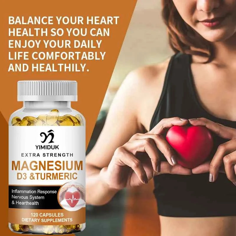 Magnesium Supplement, with Vitamin D3 & Turmeric, Supports Heart Health, Nervous System & Circulatory Function for Men Women