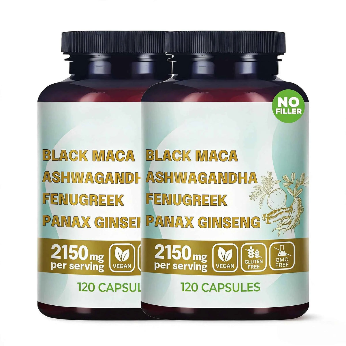 4-in-1 Organic Black Maca Root Ashwagandha Fenugreek Panax Ginseng Capsules 120 Count Male & Female Energy Support Supplement