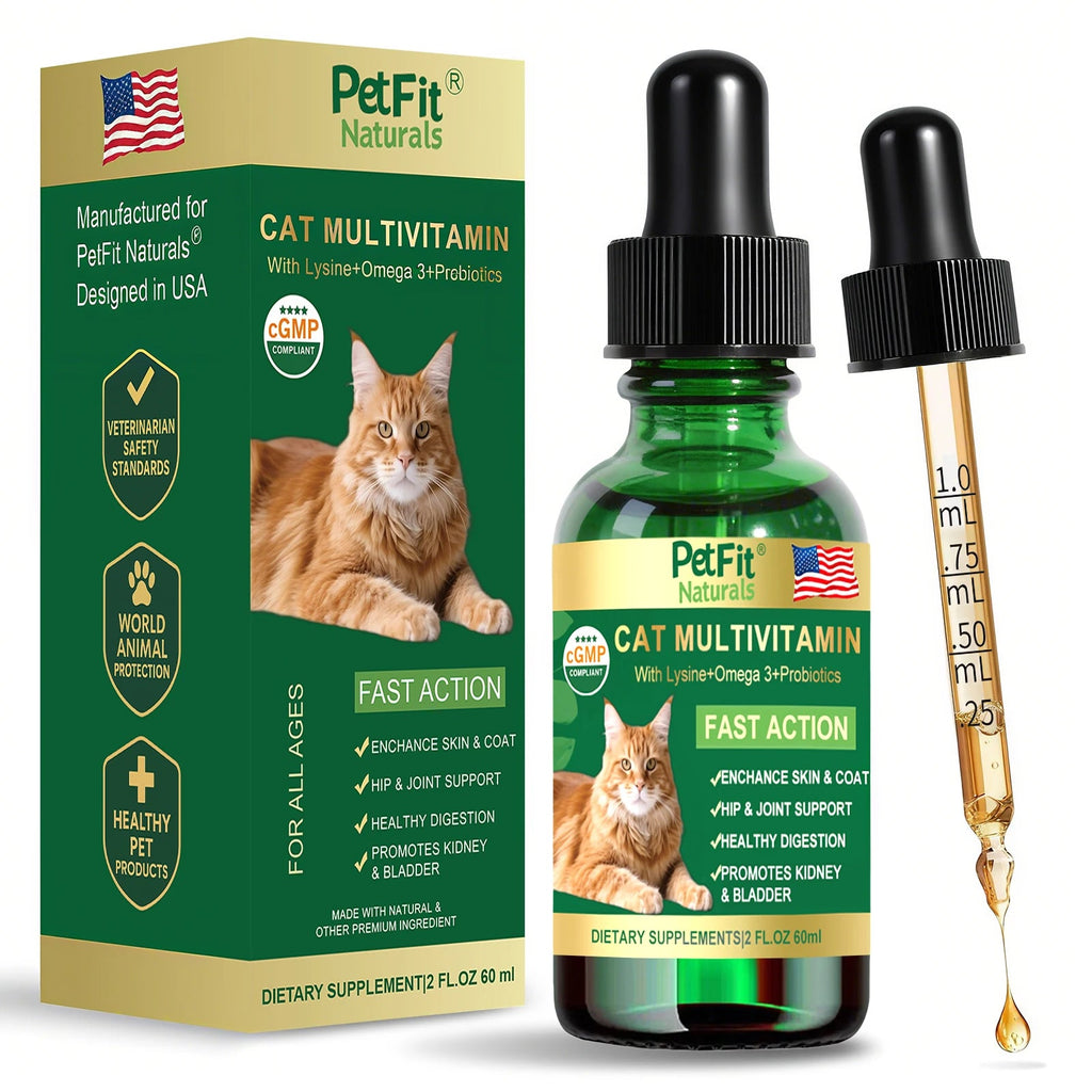 PetFit Naturals 2oz Liquid Cat Vitamins Lysine Probiotics Omega3 Supplement for Feline Kidney Immunity Skin Digestive Health Healthy supplements