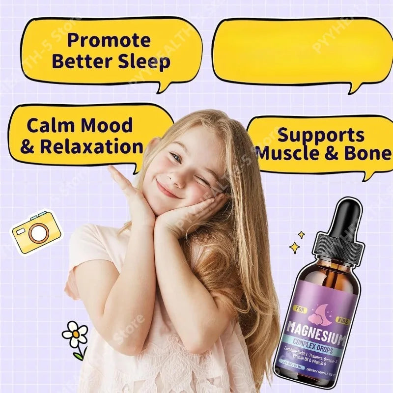 Kids Liquid Drops, Magnesium Glycinate with L-theanine Omega-3 Vitamin B6 D3 for Supports Bone Health and Relaxation 60 Ml Healthy supplements