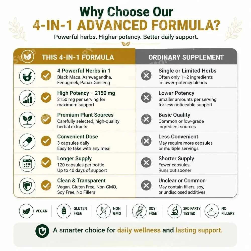 4-in-1 Organic Black Maca Root Ashwagandha Fenugreek Panax Ginseng Capsules 120 Count Male & Female Energy Support Supplement