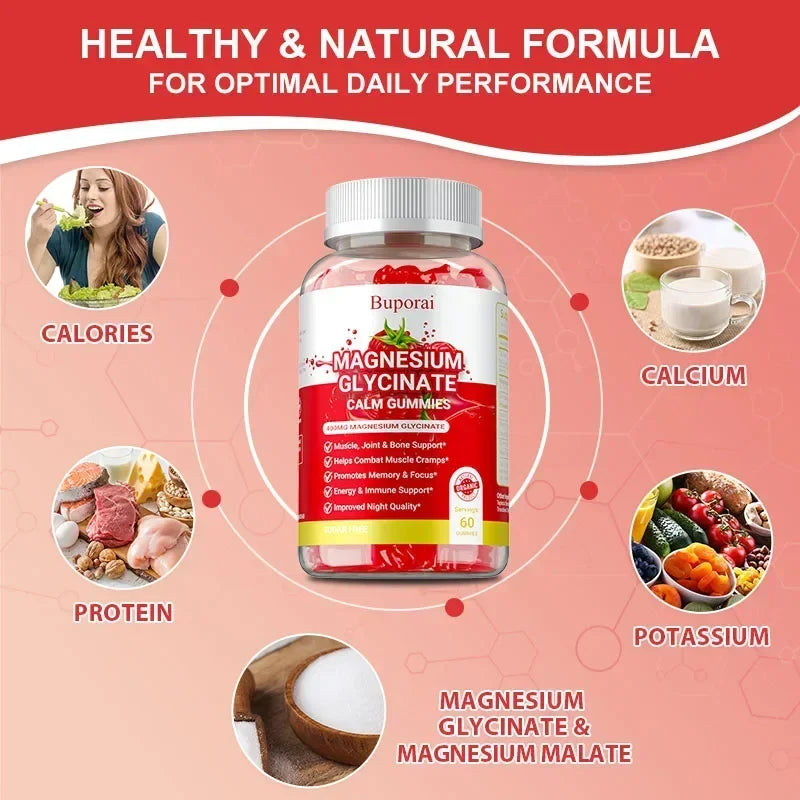 Magnesium Glycinate Gummies - Dietary Supplement, Promotes Muscle, Joint & Bone Health, Relieves Muscle Cramps, Natural Sleep Healthy supplements