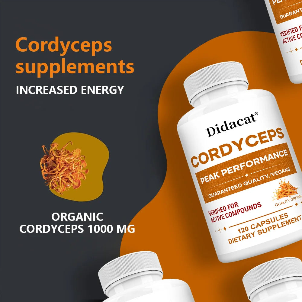 Cordyceps Mushroom Capsules 1000mg, Natural Wellness Supplement, Support Brain, Energy, Stamina, Immune & Cardiovascular Health Healthy supplements