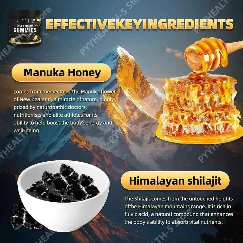 Shilajit Gummies Honey Lemon Flavor Himalayan Shilajit No Added Sugar Ashwagandha for Men Women 100% Natural Organic I 30 Gummy
