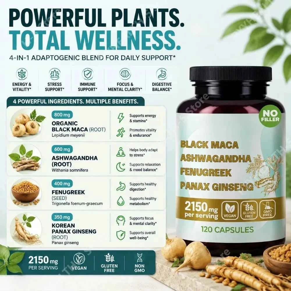 4-in-1 Organic Black Maca Root Ashwagandha Fenugreek Panax Ginseng Capsules 120 Count Male & Female Energy Support Supplement
