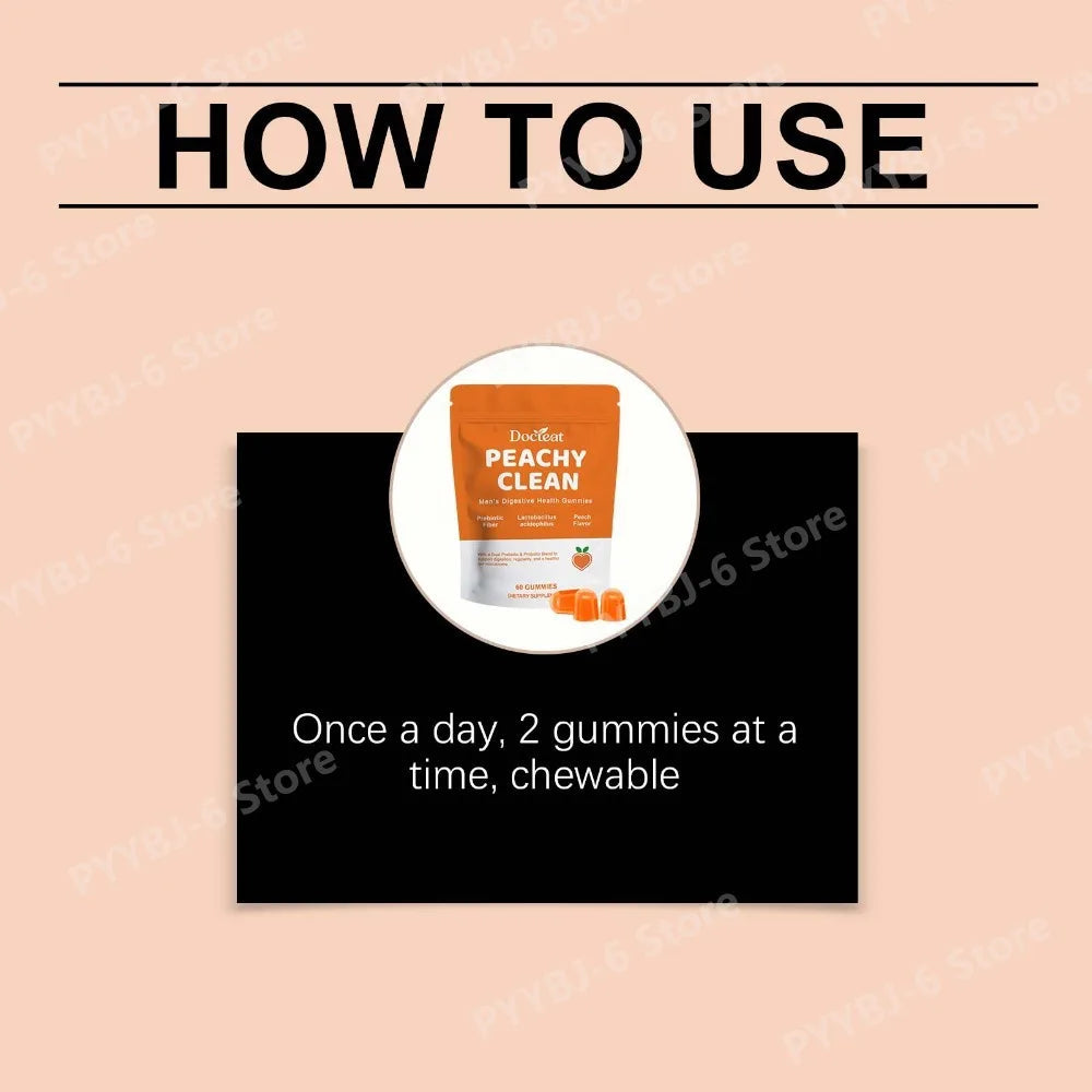 Docteat Peachy Clean Men's Digestive Health Gummies Prebiotic & Probiotic Blend Peach Flavor 60 Gummies Dietary Supplement Healthy supplements