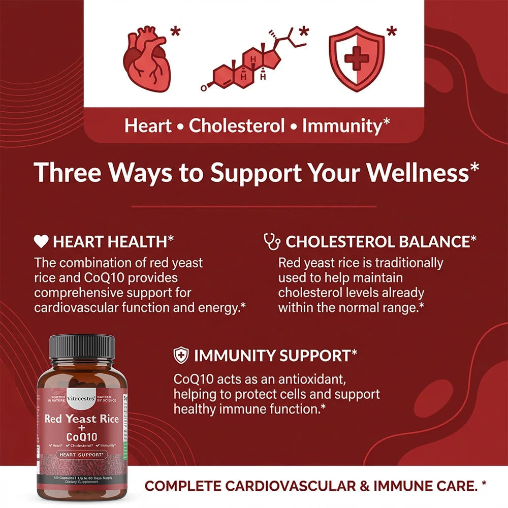 CoQ10 + Red Yeast Rice Supplement, for Cardiovascular & Heart Health, Anti-Aging, Energy Boost, Promote Vitality, Non-GMO Healthy supplements