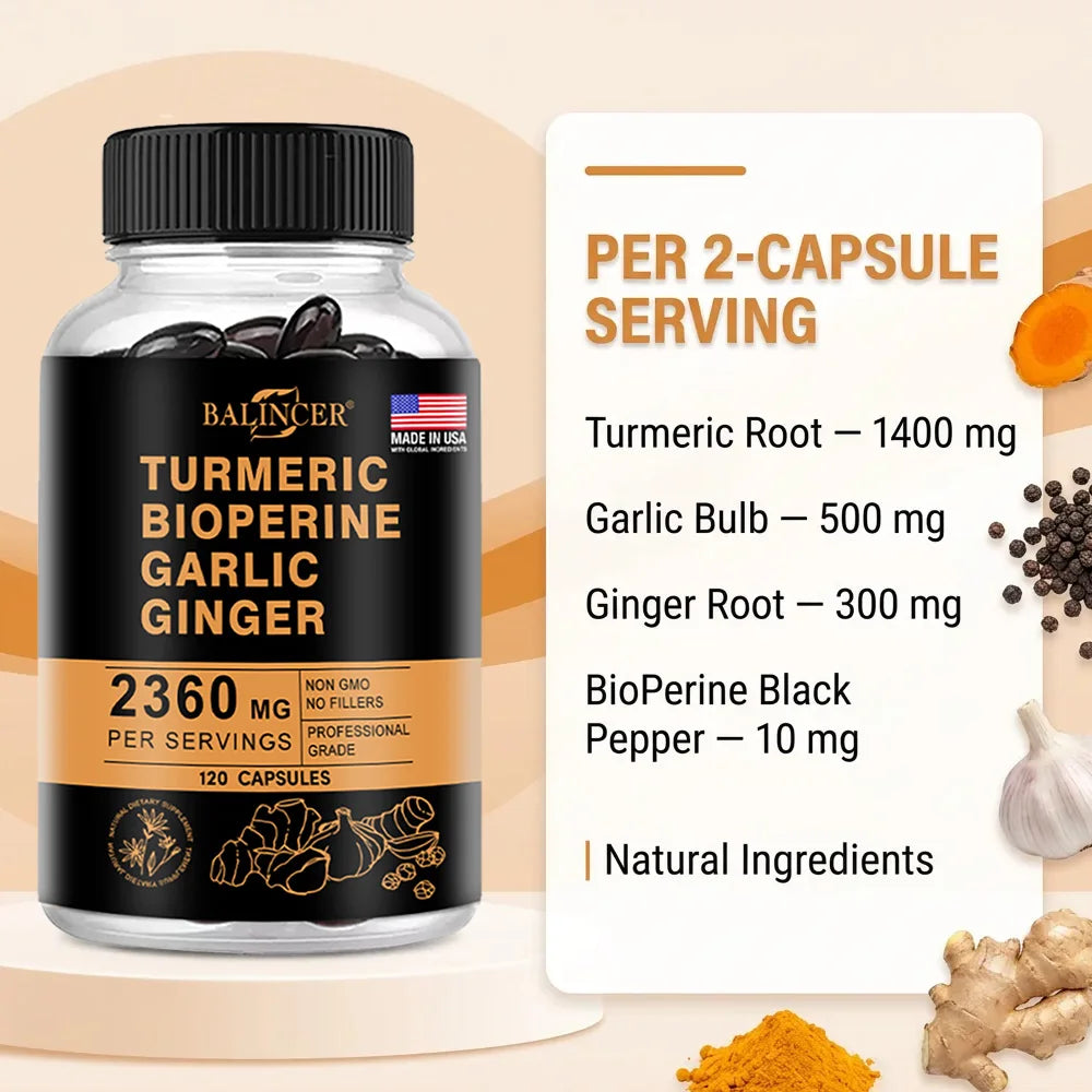 Turmeric Ginger Capsules 2360mg with Curcumin 95%, Garlic & Black Pepper, Joint Support, Digestion & Immune Health Supplement Healthy supplements