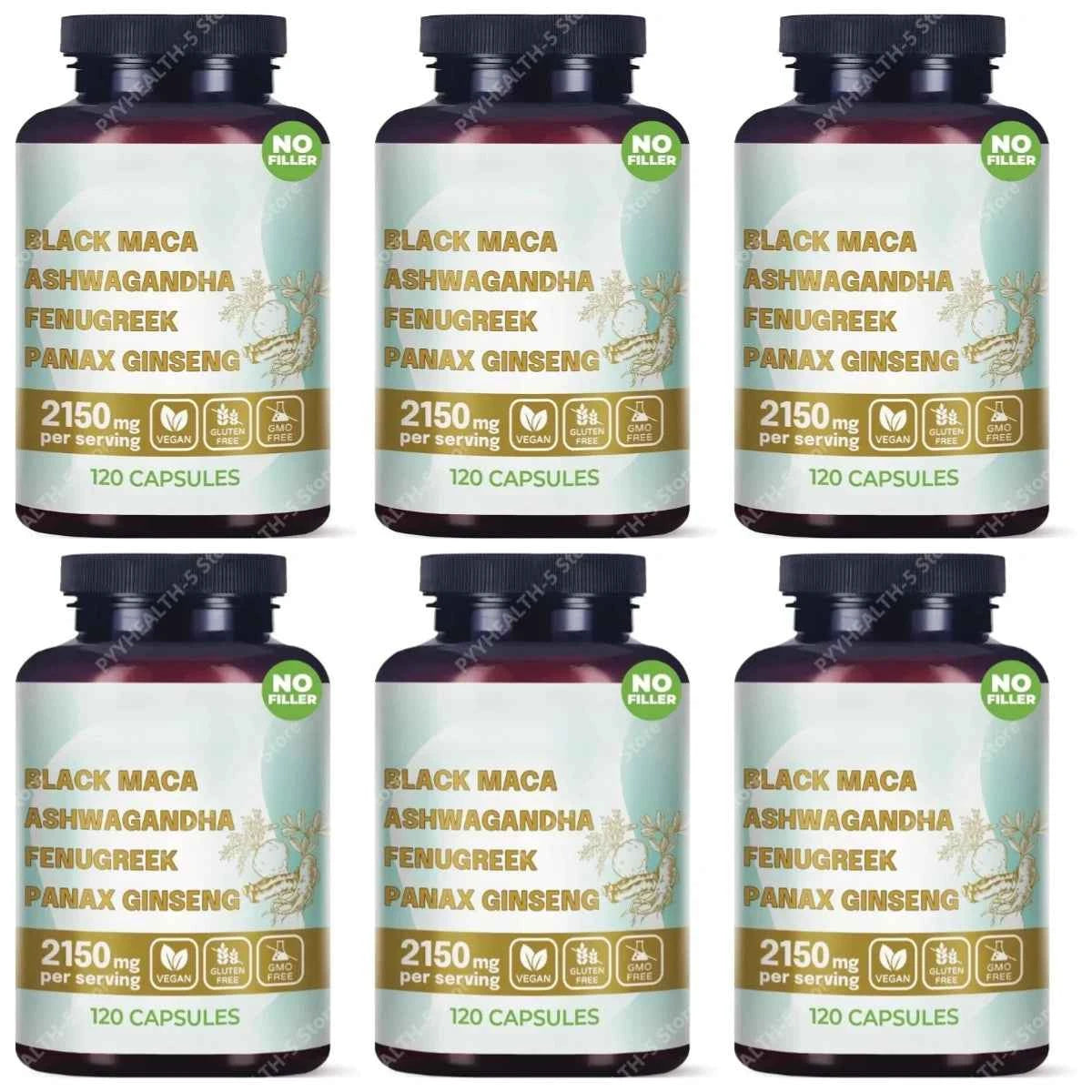 4-in-1 Organic Black Maca Root Ashwagandha Fenugreek Panax Ginseng Capsules 120 Count Male & Female Energy Support Supplement