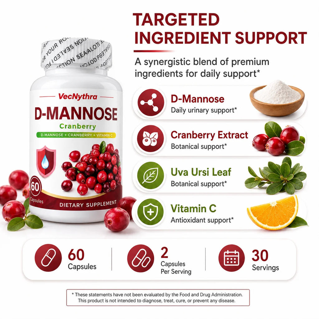 VecNythra Cranberry D-Mannose Supplement with Vitamin C Uva Ursi Leaf Extract for Women 60 Capsules 30 Day Supply Healthy supplements