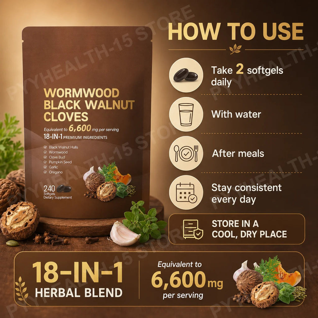 18-in-1 Wormwood Black Walnut Clove Softgels 6600mg Herbal Blend with Garlic Pumpkin Seed Oregano Daily Wellness 240 Softgels Healthy supplements
