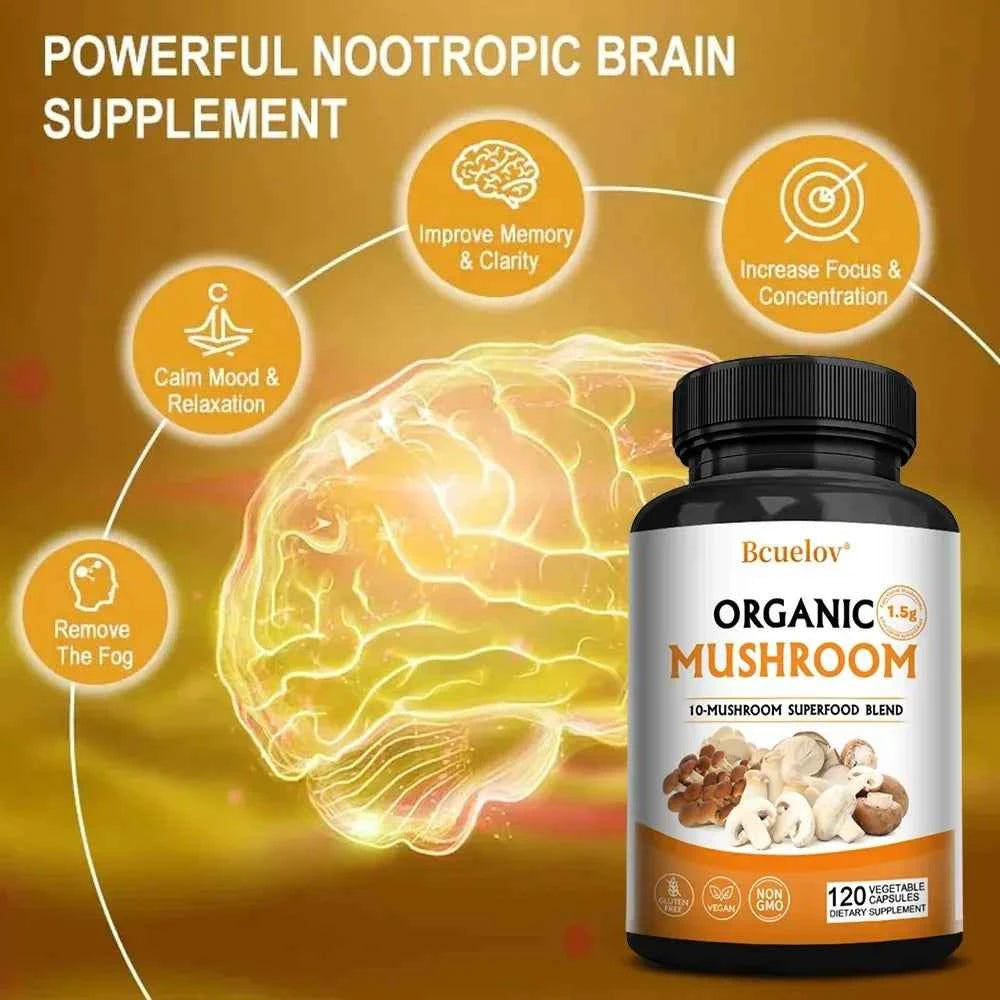 Mushroom Complex Capsules Supplement Support Immunity and Focus Health Boost Memory Protect Brain Nerves for Men Women