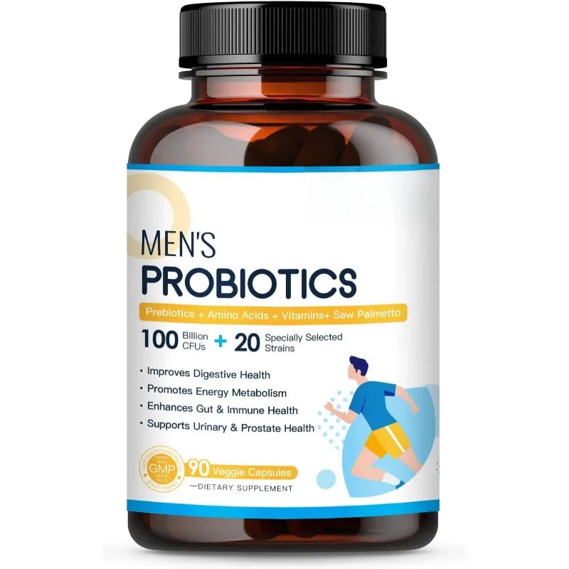 Men’s Probiotic Supplement 100 Billion CFU 20 Strains Prebiotics Digestive Enzymes Vitamins Gut Health Daily Wellness 90 Count Healthy supplements