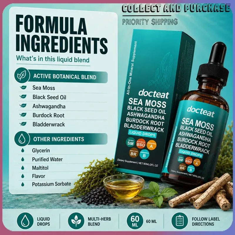 Docteat Sea Moss Liquid Drops 60ML Intestinal Health Digestion Skin Moisture Immune Support Nutritional Supplement Healthy supplements