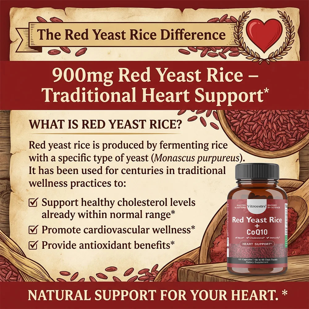 CoQ10 + Red Yeast Rice Supplement, for Cardiovascular & Heart Health, Anti-Aging, Energy Boost, Promote Vitality, Non-GMO Healthy supplements